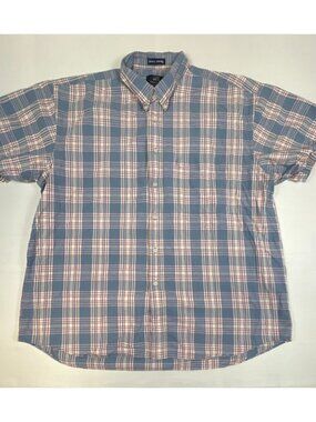 Van Heusen 417 Men L Blue Red Plaid Short Sleeve Button Up Shirt Cotton Blend